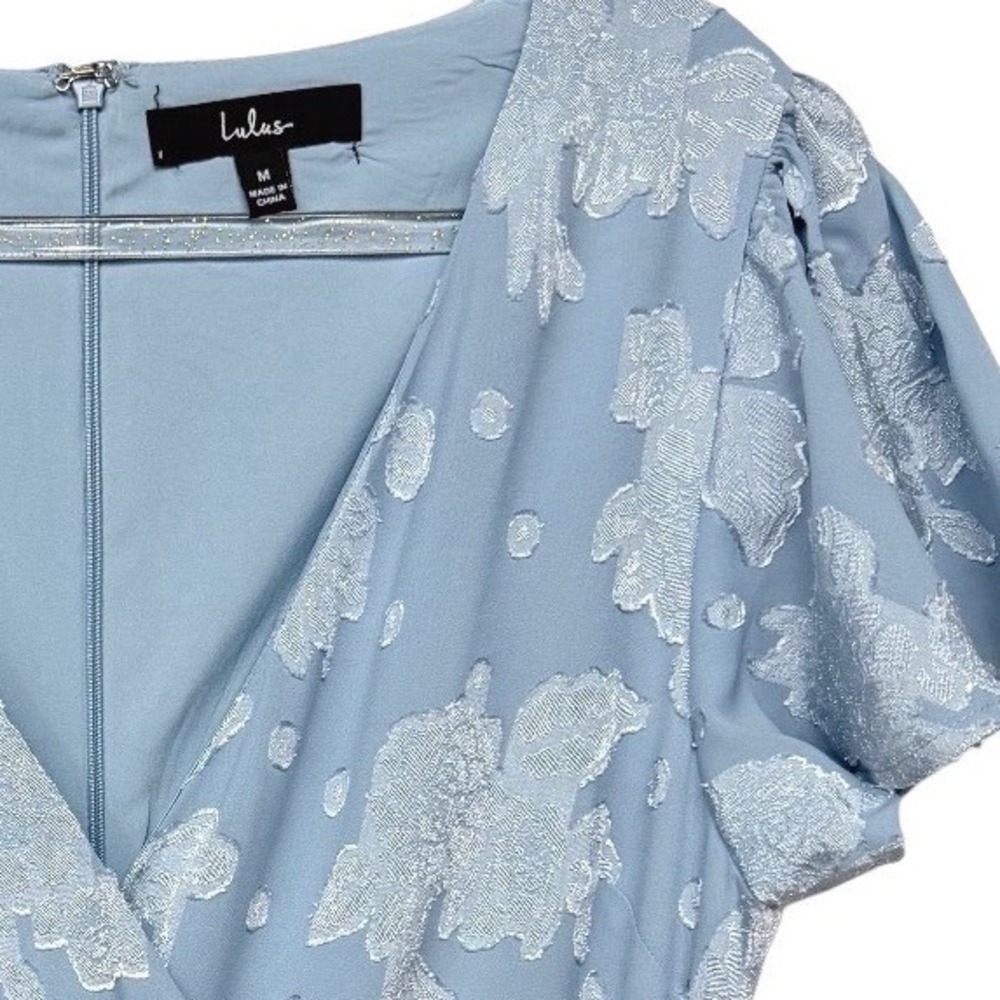 Lulus Icy Blue Floral Wrap Maxi Dress Medium Flutter Romantic Whimsical Boho - Picture 4 of 12